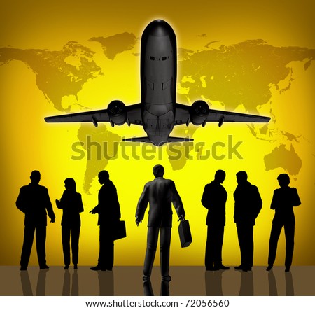 Business traveling represented by a man with people waiting and an airplane taking off with a global map in the background.