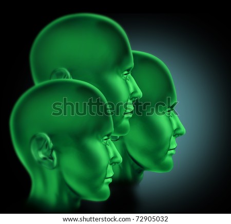 Teamwork and cooperation symbol represented by three green heads looking forward to success.