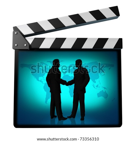movie deal symbol represented by a directors film clapboard slate and business people shaking hands in agreement.