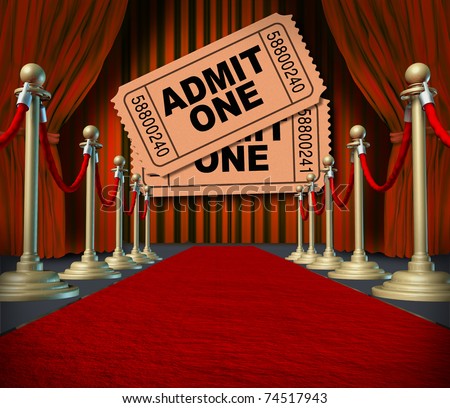 Admit one pass multi movie tickets on theatrical red velvet curtains and cinema drapes.