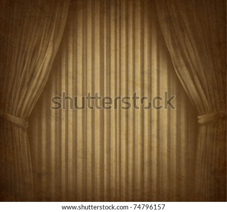 Old theater stage with spot light on grunge vintage cinema curtain drapes.