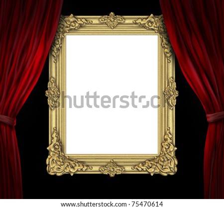 Presenting and featuring symbol represented by an old blank gold frame with blue velvet curtains.