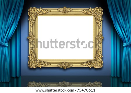 Old blank gold frame with blue velvet curtain display.