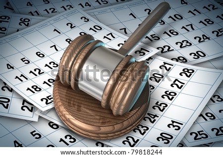 Delayed justice in the court system represented by a judge mallet on a bed of calendar pages showing how slow the law can be while waiting for procedures or sentence.