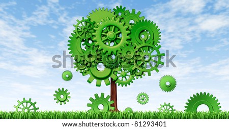 New industrial growth in manufacturing and planning for investments for future opportunities in emerging markets representing growth and prosperity with a green tree made of cogs and gears.