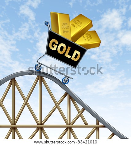 Economic rollercoaster ride representing the falling value of gold due to international economy stress represented by a shopping cart fall with golden yellow metal bars in it.