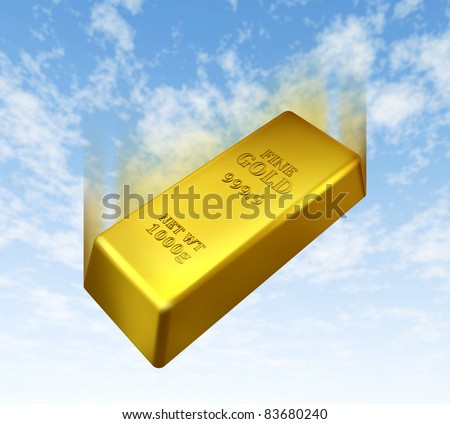 Falling price of gold represented by a golden yellow metal bar going down with a blue sky background showing the concept of losing value in trading precious bullion.
