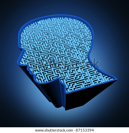 Human brain disease and intelligence puzzle with a blue glowing maze in the shape of a human head as a symbol of the complexity of brain thinking as a challenging problem to solve by medical doctors.