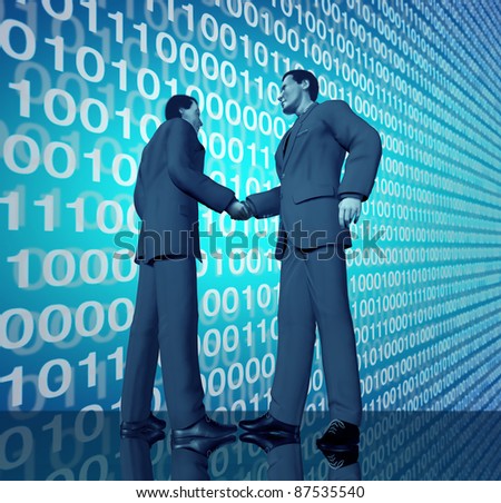 Technology business deal with a handshake between two businessmen with blue binary digital code in the background negotiating a contract agreement in the world of high tech and computers.