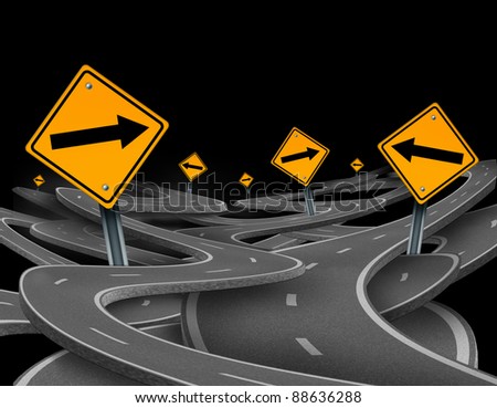 Staying on course symbol as a dilemma and concept of losing control and strategic journey choosing the right path for business with traffic signs tangled roads and highways in a confused direction.