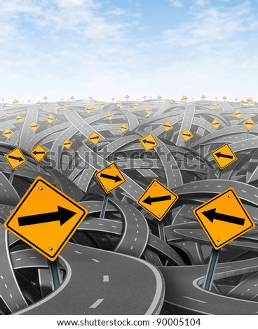 Solutions and strategy with goals and strategic journey choosing the right strategic path for business with yellow traffic signs with arrows tangled roads and highways in a confused direction.