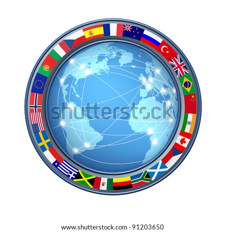 World Internet connections with ring of global flags as an international communications technology theme including countries from multiple continents on a white background connected sharing data.