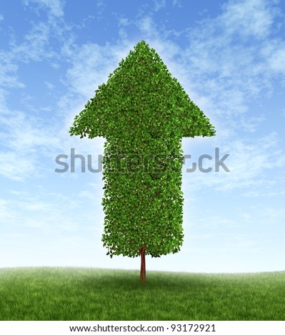 Growth investing and financial business success during economic good times as compound interest from productive investment with a green tree in the shape of an arrow pointing up to the blue sky.