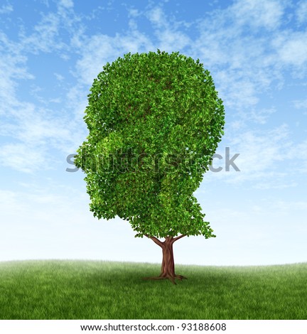 Personal growth and personality development as a medical symbol of psychology as a tree in the shape of a human head and brain as intelligence and social thinking for mental behavior health.