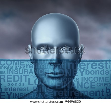 Financial problems drowning in debt and head above water with storm clouds as a human head sinking with different finance terms as insurance and bills or credit and money with other investment  text.