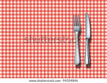 Family restaurant place setting with a classic red and white checkered table cloth with a silver fork and knife as a symbol of fine italian food cuisine and traditional americana fast food eateries.