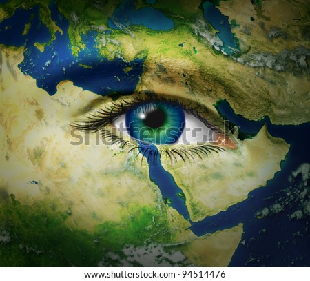 Middle East news reporting events from arab hot spots of turmoil and revolution with map and human eye during the events of Syria Egypt Tunisia Iran and Libya as democratic history is reported.
