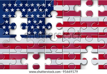 US crisis with the American flag in a jigsaw puzzle as pieces missing in a financial  banking debt and loan guarantees with economic problems due to the mortgage and loans industries.