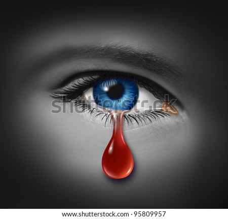 Violent crime concept with a close up of an eye ball crying with a tear of blood due to criminal violence as child abuse and Violence on Women or other victims of physical injury.
