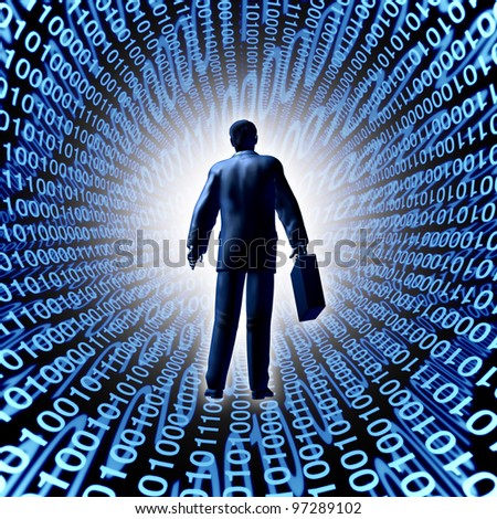 Technology business with a man and briefcase entering a binary code cyber company in silicon valley or digital market as a computing electronics and futuristic data storage concept.