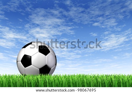 Soccer Ball and grass field background with a blue sky and green european football stadium turf as a fun summer team leisure sport for players who like to kick a sphere and score a goal in a net.
