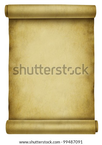 Blank scroll on ancient parchment paper document used for a background for a letter or message announcement from antique obsolete times or medieval note that is rolled up on a white background.
