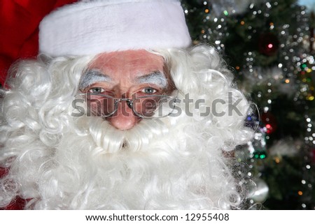 Elderly santa clause closeup in front of a christmas tree