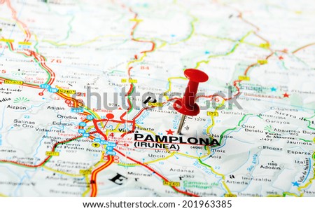 Red push pin pointing at Pamplona ,Spain  map