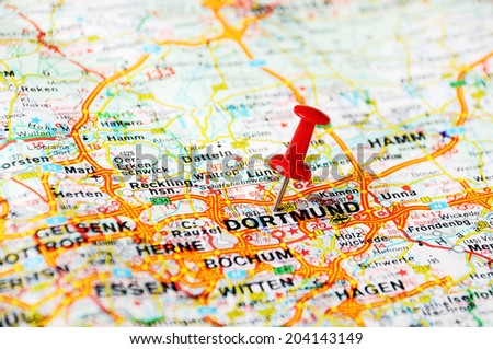 Close up of Dortmund,Germany map with red pin - Travel concept
