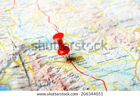 Close up of  Sparta ,Greece  map with red pin   - Travel concept