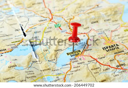 Close up of  Burdur  ,Turkey  map with red pin    - Travel concept