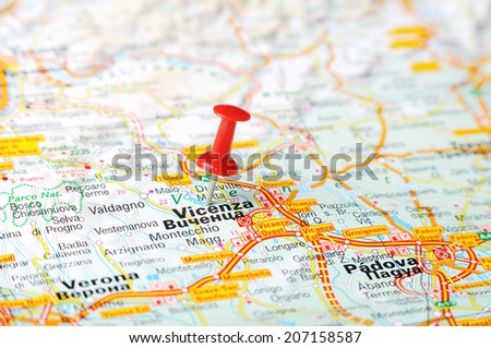 Close up of  Vicenza  , Italy map with red pin    - Travel concept