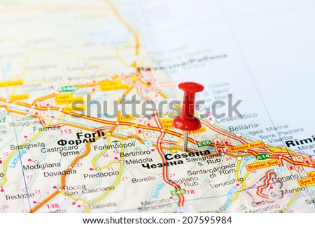Close up of  Cesena  , Italy map with red pin    - Travel concept