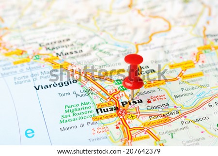Close up of  Pisa  , Italy map with red pin    - Travel concept