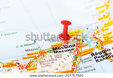Close up of  Messina , Italy map with red pin    - Travel concept