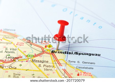 Close up of Brindisi  , Italy map with red pin    - Travel concept