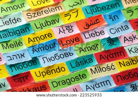 LOVE  Word Cloud printed on colorful paper different languages