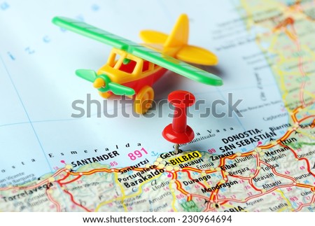 Close up of Bilbao  ,Spain  map airplane  and red pin - Travel concept