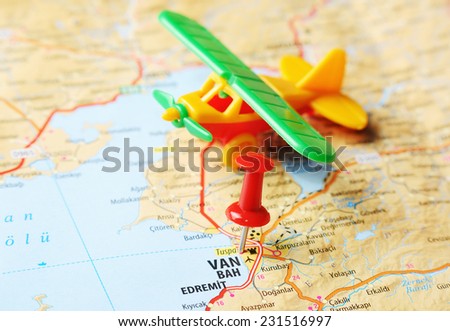 Close up of Van  ,Turkey  map with red pin and airplane   - Travel concept