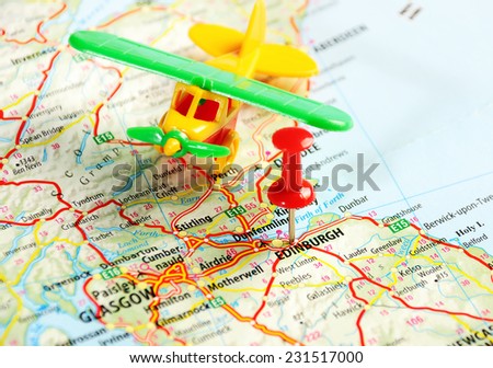 Edinburgh  Scotland  ,United Kingdom  map airplane   and  pin - Travel concept