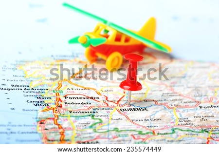 Ourense  ,Spain  map and airplane toy - Travel concept