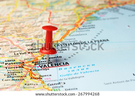 Close up of   Valencia , Spain  map with red pin