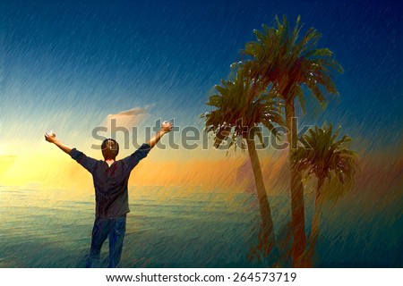 man enjoying life. sunset at sea. variety of colors and hues of the rising sun