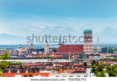 Image, Stock Photo Munich skyline, view from Monopteros temple in Englischer Garten, Germany. The image shows: Bavarian State Chancellery, Tower of St. Peter Church, Tower of New Town Hall, Frauenkirche, Theatinerkirche