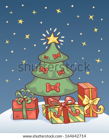 Christmas card with holiday tree. Vector cartoon illustration.