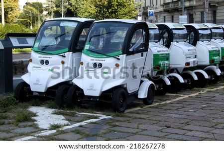 MILAN, ITALY  September 18:   the parking spot of rent public electric cars during the Fashion week, September 18, 2014 in Milan, Italy.