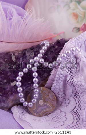 Amethyst stone, lavender pearls and agate stone in overall lavender color.