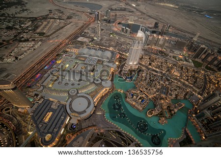 The top view on Dubai from the highest tower in the world, Burj Khalifa