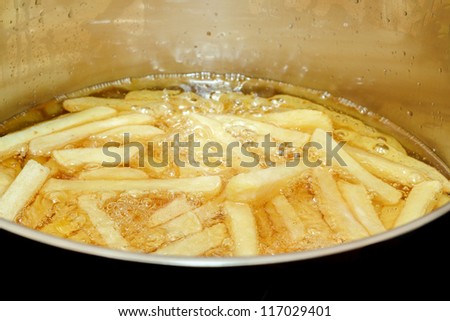 French fries frying in hot oil with space for text