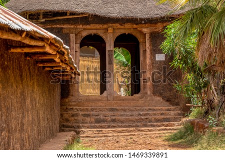 Zege Peninsula in Lake Tana. Entry to UNESCO Ura Kidane Mehret Church, monastery from 14th century decorated with numerous painted frescoes of Menelik II Imagine de stoc © 